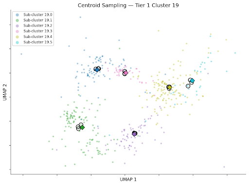 UMAP visualization of six sub-clusters within a parent topic cluster, with points near each sub-cluster centroid highlighted as representative samples for topic labeling.